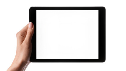 Isolated human hand holding black digital tablet with empty screen template for app mockup © Gabriel
