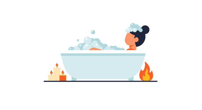 Minimalist Flat Vector Illustration of a Woman Relaxing in a Bubble Bath with Candles for Self-Care and Wellness Concept