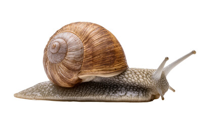 Isolated garden snail slowly crawling in profile with textured body and spiral shell © Gabriel