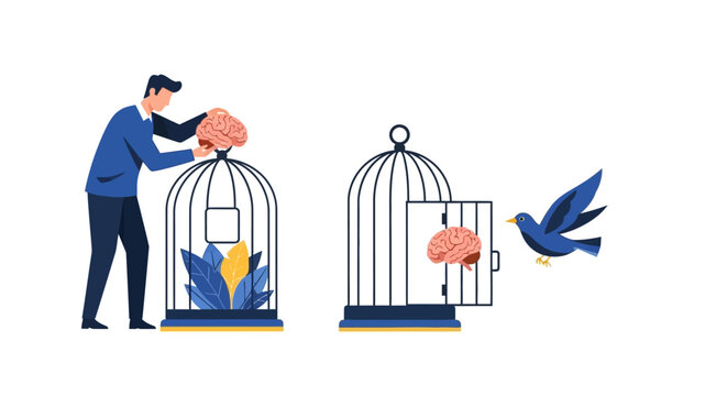 Conceptual Illustration of Mental Freedom and Cognitive Constraints with Brains in Birdcages