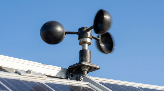 Spinning anemometer measuring wind speed above solar panels