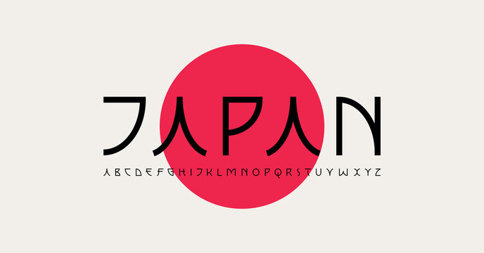Japanese style vector type font and numbers. English Typography japan style font in hierogliph calligraphy style. Editable vector template