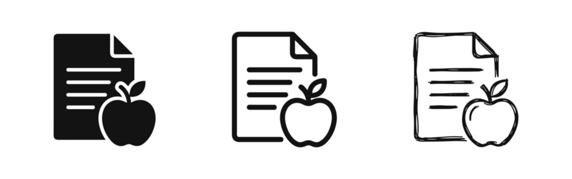Document with Apple Icon Set - Education, Healthy Eating, and School Report Symbols in Multiple Styles