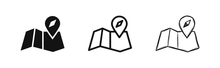 Map and location icon set in solid, outline, and hand-drawn sketch styles, ideal for navigation and travel themes. © drawing lines