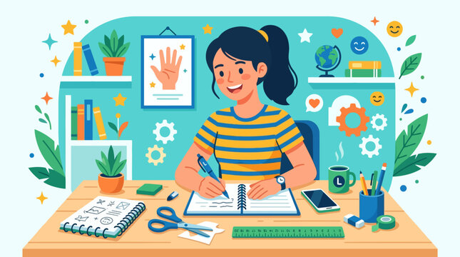 International Left Handers Day Flat Vector Illustration With Left Handed Student Writing At Desk Education And Creativity