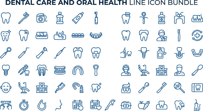 Dental care and oral health line icon bundle featuring dentist clinic tools braces electric toothbrush floss implant mouthwash and modern hygiene vector elements (23 words)