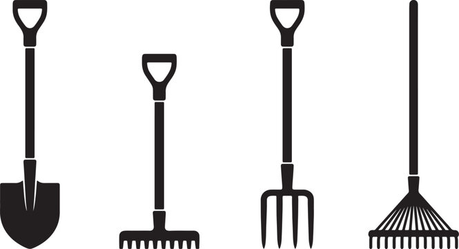 Set of four also transparent background, black garden tools, spade, digging fork, hand fork, and, rake, flat outline