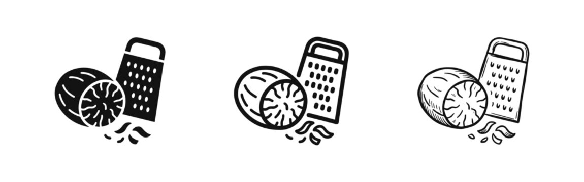 Kitchen grater and nutmeg icon set in solid, outline, and sketch styles.
