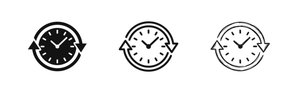 Clock with circular arrows icon set in solid, outline, and sketch styles.