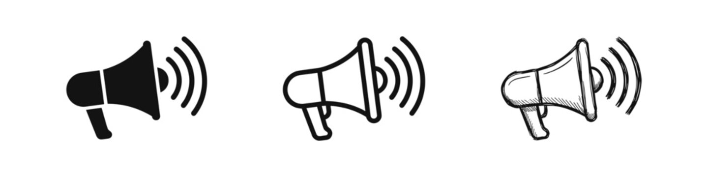 Megaphone bullhorn icon set in solid, outline, and sketch styles.