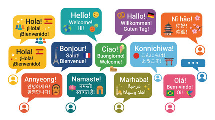 Colorful speech bubbles with hello greetings in various languages. © kimyoshuatan
