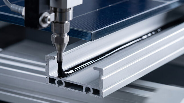 Black sealant dispensed into aluminum solar panel mounting rail