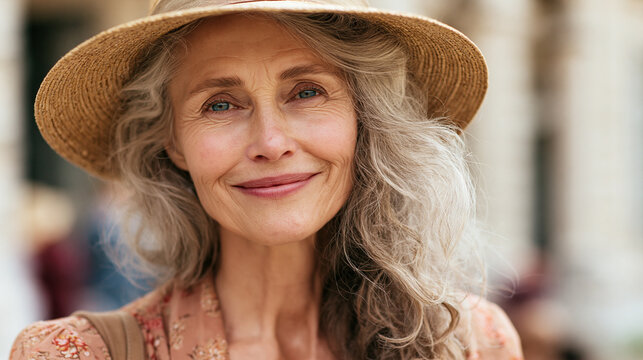 a old beautiful smiling American woman posing summer suits outdoors on a sunny day