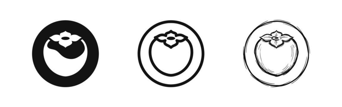 Persimmon fruit icon set in solid, outline, and hand-drawn styles, healthy food and autumn harvest.