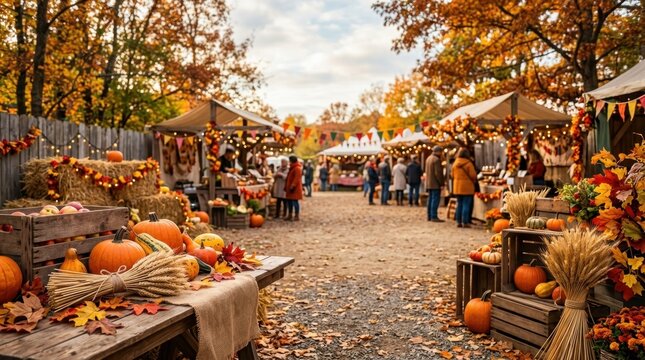 Vibrant outdoor autumn harvest festival and local marketplace with rustic wooden barns, plenty of pumpkins in crates, decorative fall foliage, and visitors shopping.