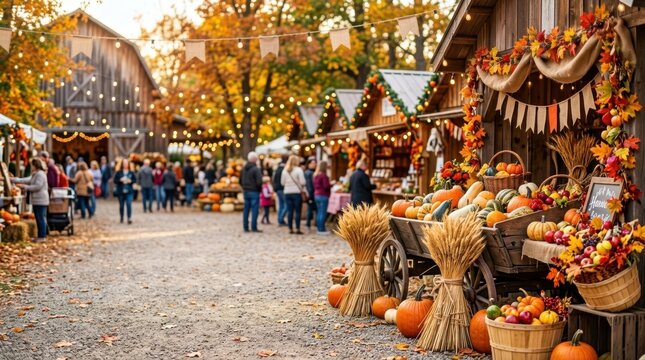 Vibrant outdoor autumn harvest festival and local marketplace with rustic wooden barns, plenty of pumpkins in crates, decorative fall foliage, and visitors shopping.