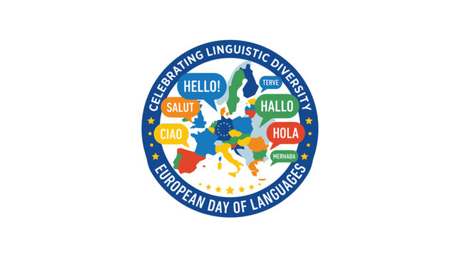 European Day of Languages emblem with map and greetings