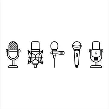 Microphone Icons Collection: A graphic illustration featuring a set of five distinct microphone icons in a clean, modern line art style. These icons represent various types of microphones.
