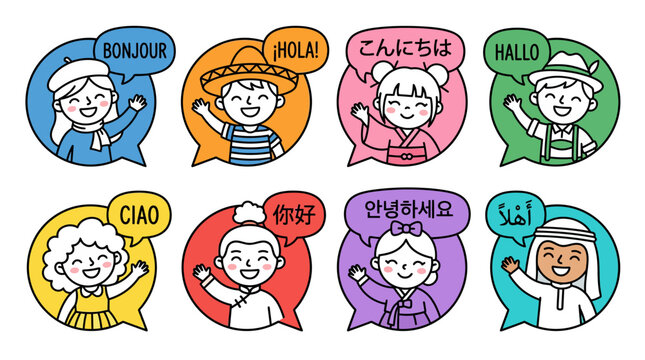 Multicultural children saying hello in different languages.