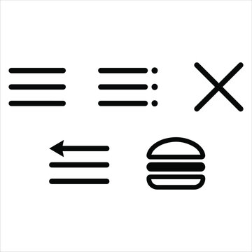 User Interface Icons: A collection of essential UI icons, including a hamburger menu, a back arrow, a close button, and a standard menu icon, presented in a clean, minimalist style.