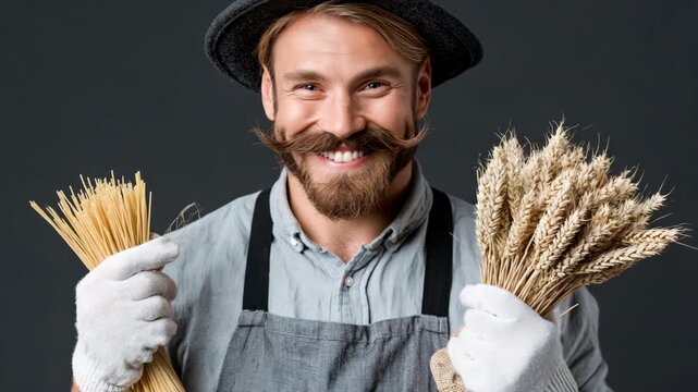 Static close up of man holding wheat and bundles of pasta smiling in studio portrait with dark backdrop