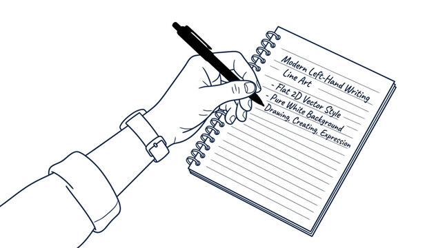 Left hand holding pen writing in spiral notebook.