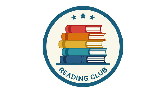 Reading club logo with stack of colorful books.