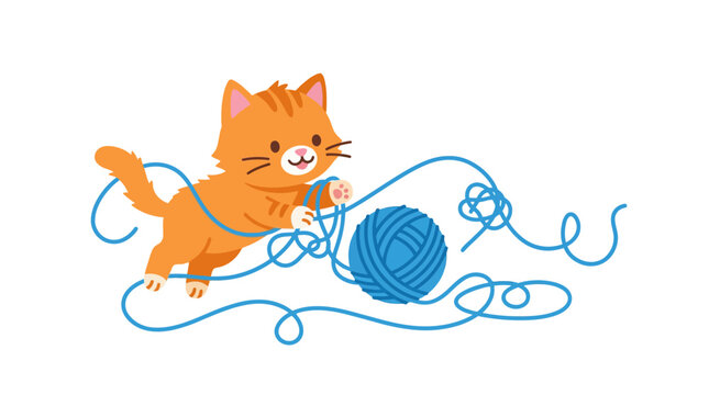 Cute orange kitten playing with blue ball of yarn vector.
