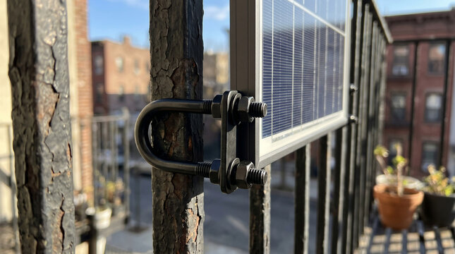 Small solar panel clamped to balcony railing in urban apartment