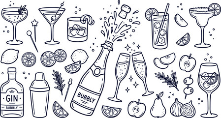 Hand drawn cocktail party drinks set with champagne bottle gin shaker wine and mixed beverage glasses in black and white sketch cocktail champagne beverage celebration illustration drinkware © Kanon Islam