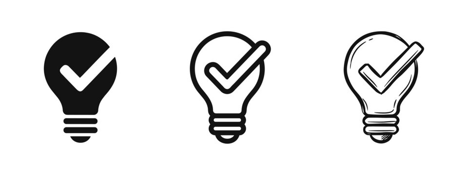 Lightbulb with Checkmark Icon Set - Idea, Solution, and Approved Concept