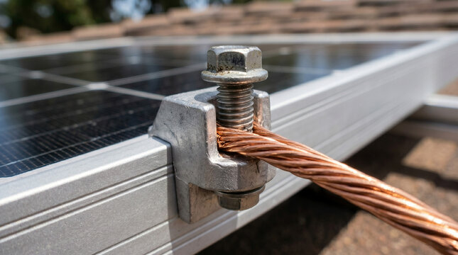 Copper grounding wire clamped to solar panel frame