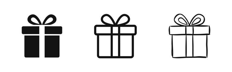 Present icons set featuring gift boxes in flat, linear, and hand-drawn doodle styles for festive decorations. © drawing lines