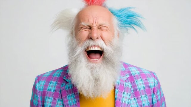 Slow motion close up of older man laughing with dyed hair and plaid jacket on white studio background