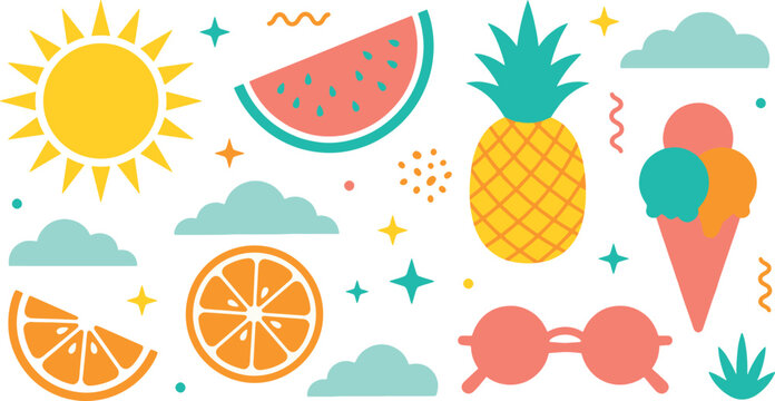 Summer vacation elements collection with sun pineapple watermelon slice ice cream and colorful clouds in flat vector style summer vibe vacation pineapple watermelon icecream tropical sunshine