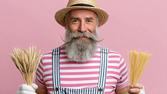 Static shot of bearded man holding wheat bundle and dry spaghetti while posing against pink studio backdrop with straw hat