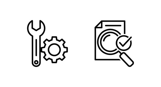 Maintenance wrench and verification check magnifying glass icon set with maintenance verification magnifying document inspection industry engineering technical mechanical analysis