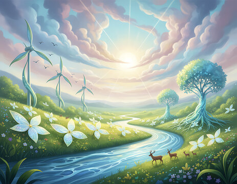 Scenic landscape with wind turbines, river, deer, and sunlight in field