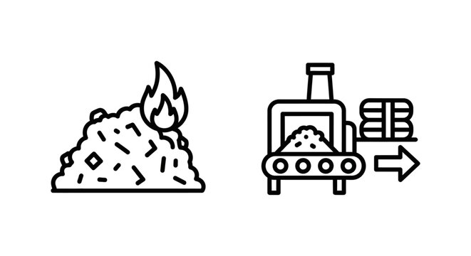 Refuse derived fuel production process flow icons set with recycling production incineration processing manufacturing environment industrial sustainable management conversion