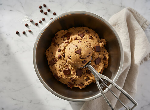 Scooping homemade chocolate chip cookie dough for a sweet comforting treat