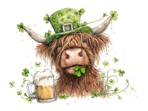 Playful Highland cow celebrating St. Patrick's Day with beer and clovers