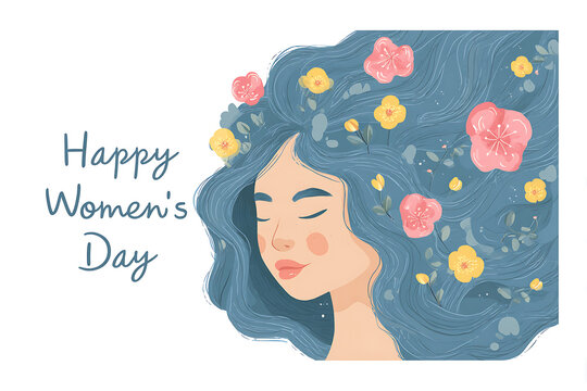 Happy Women's Day illustration of a peaceful woman with flowing blue hair and colorful flowers