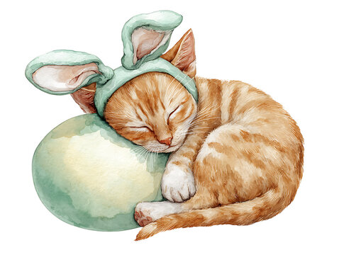 Adorable orange kitten with bunny ears asleep on a pale green Easter egg