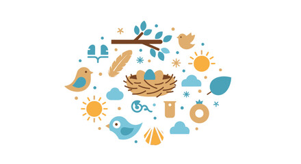 Naklejka premium Spring Nature Concept Flat Design Vector Illustration with Birds, Nest, Eggs, Sun and Leaves in Circular Arrangement