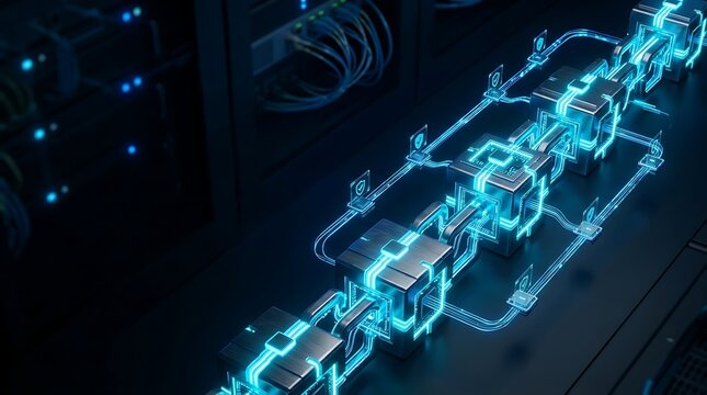 Abstract blockchain network architecture with glowing metallic blocks connected by light data cables