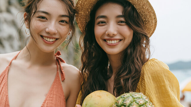 Two young beautiful smiling Asian women posing summer swimwear bathing suits outdoors on a sunny day