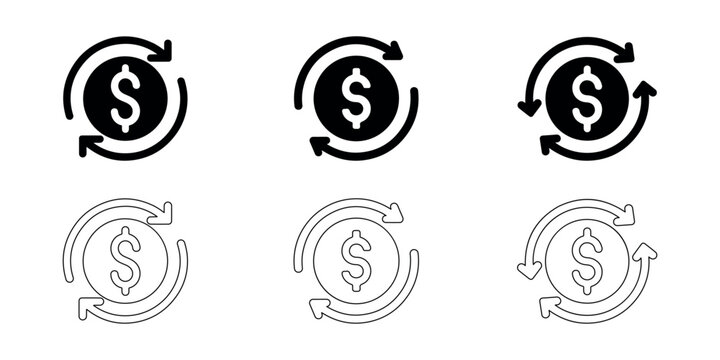 Money exchange icon set with circular arrows around dollar coin representing currency exchange financial transaction refund or return of payment.