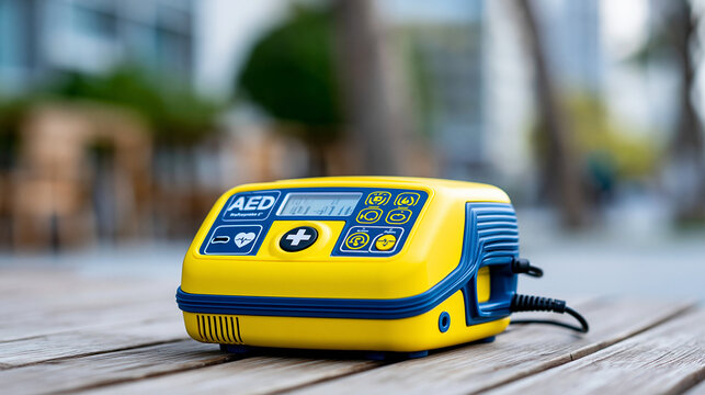 AED automated external defibrillator device for first aid and cardiac emergency, life-saving heart support and emergency medical equipment concept, defocused, with copy space