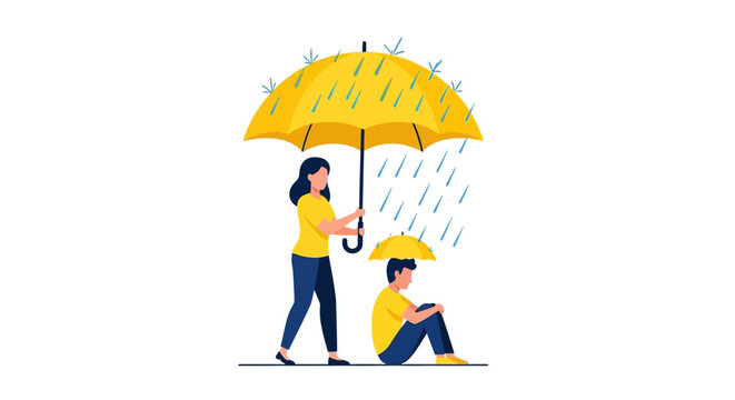 Selfishness and Empathy Concept: Woman Protecting Herself with Large Umbrella While Man Suffers in Rain