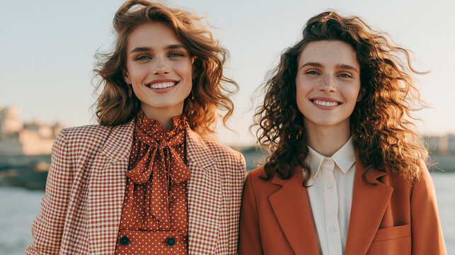 Two young beautiful smiling English women suits outdoors on a sunny day